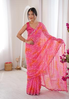 Pink Bandhej Georgette Saree Set