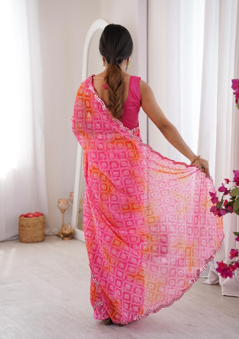 Pink Bandhej Georgette Saree Set - Indya