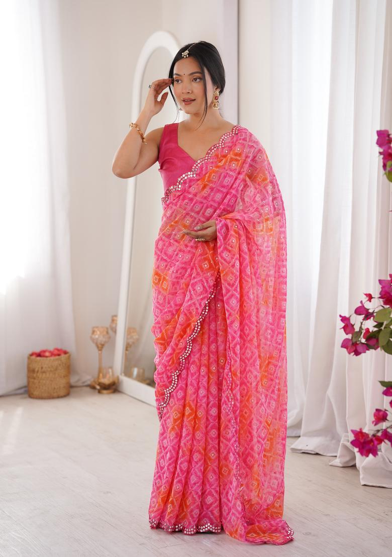 Pink Bandhej Georgette Saree Set - Indya