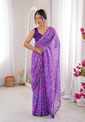 Purple Bandhej Georgette Saree Set