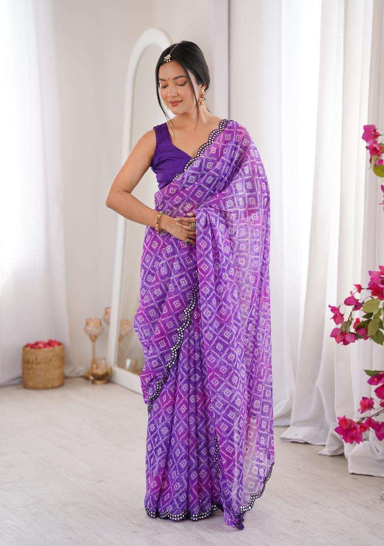 Purple Bandhej Georgette Saree Set for Diwali and Festive Wear - Indya