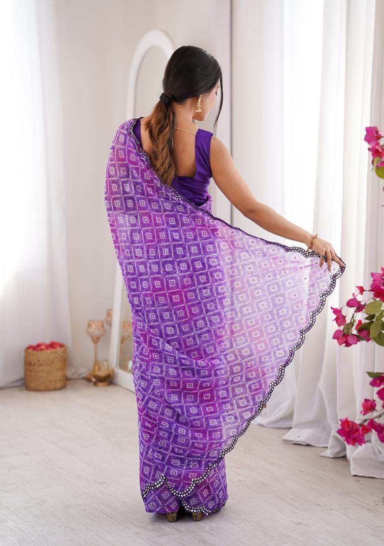 Purple Bandhej Georgette Saree Set - Indya