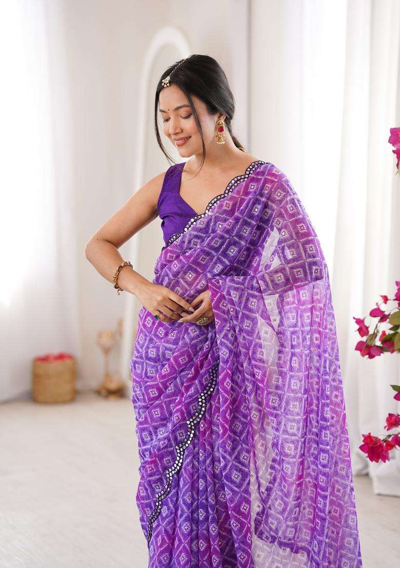 Purple Bandhej Georgette Saree Set for Diwali and Festive Wear - Indya