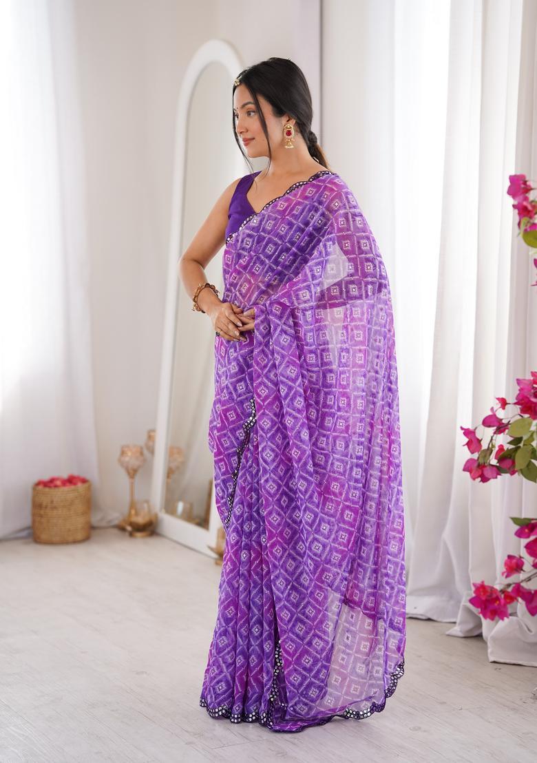 Purple Bandhej Georgette Saree Set - Indya