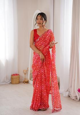 Red Bandhej Georgette Saree Set