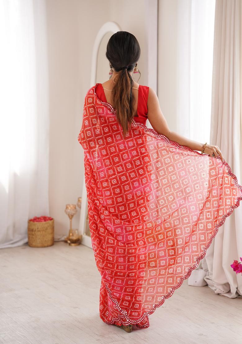 Red Bandhej Georgette Saree Set - Indya