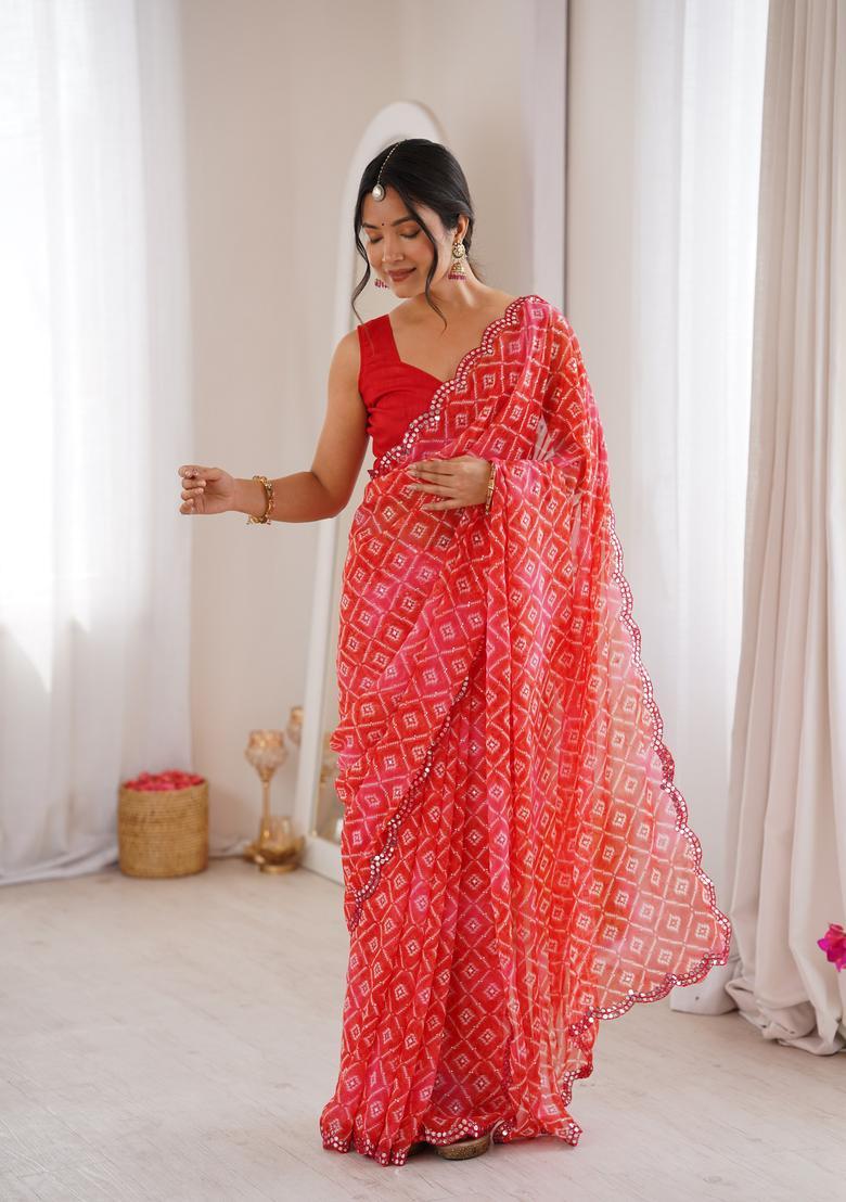 Red Bandhej Georgette Saree Set - Indya
