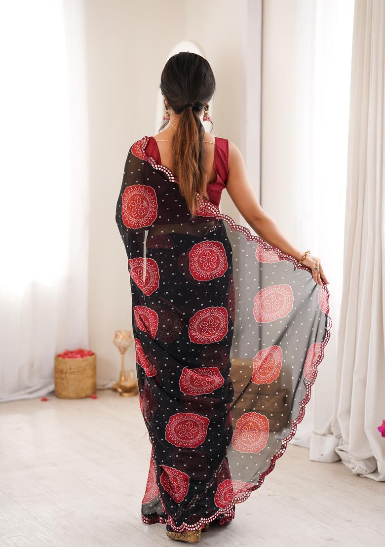 Black Bandhej Georgette Saree Set - Indya