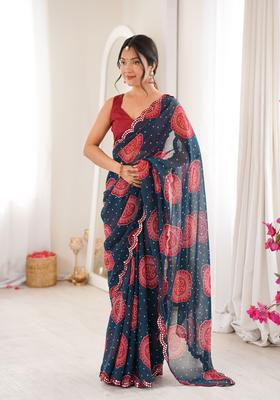Teal Bandhej Georgette Saree Set