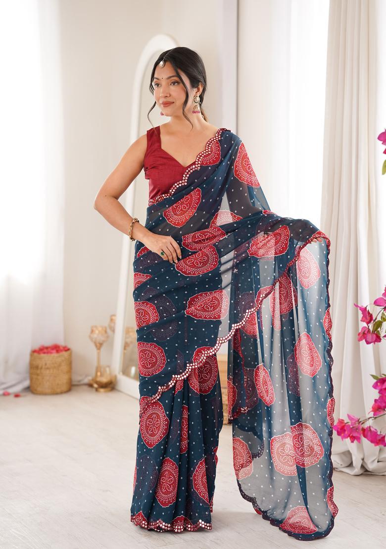 Teal Bandhej Georgette Saree Set - Indya