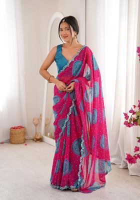 Pink Bandhej Georgette Saree Set