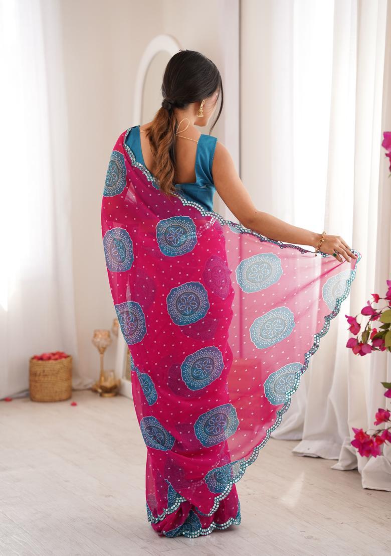 Pink Bandhej Georgette Saree Set - Indya