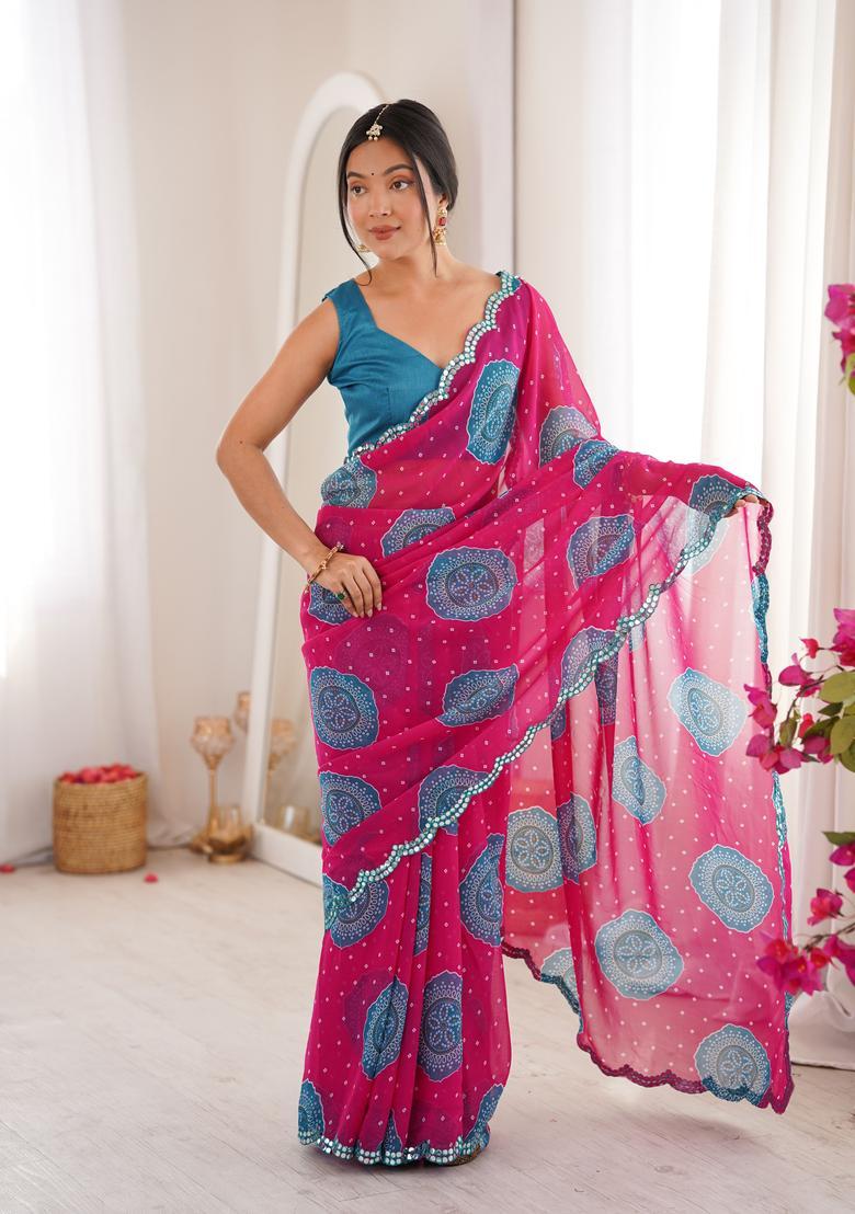 Pink Bandhej Georgette Saree Set - Indya