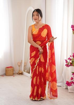 Red Bandhej Georgette Saree Set