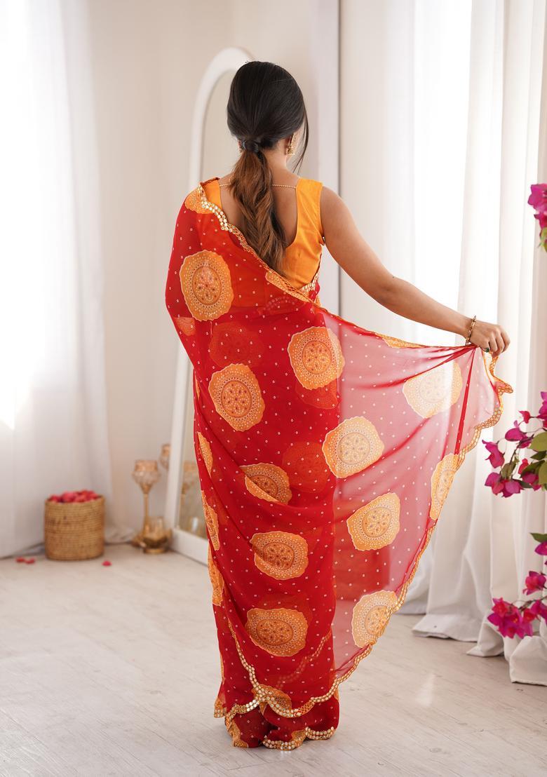 Red Bandhej Georgette Saree Set - Indya