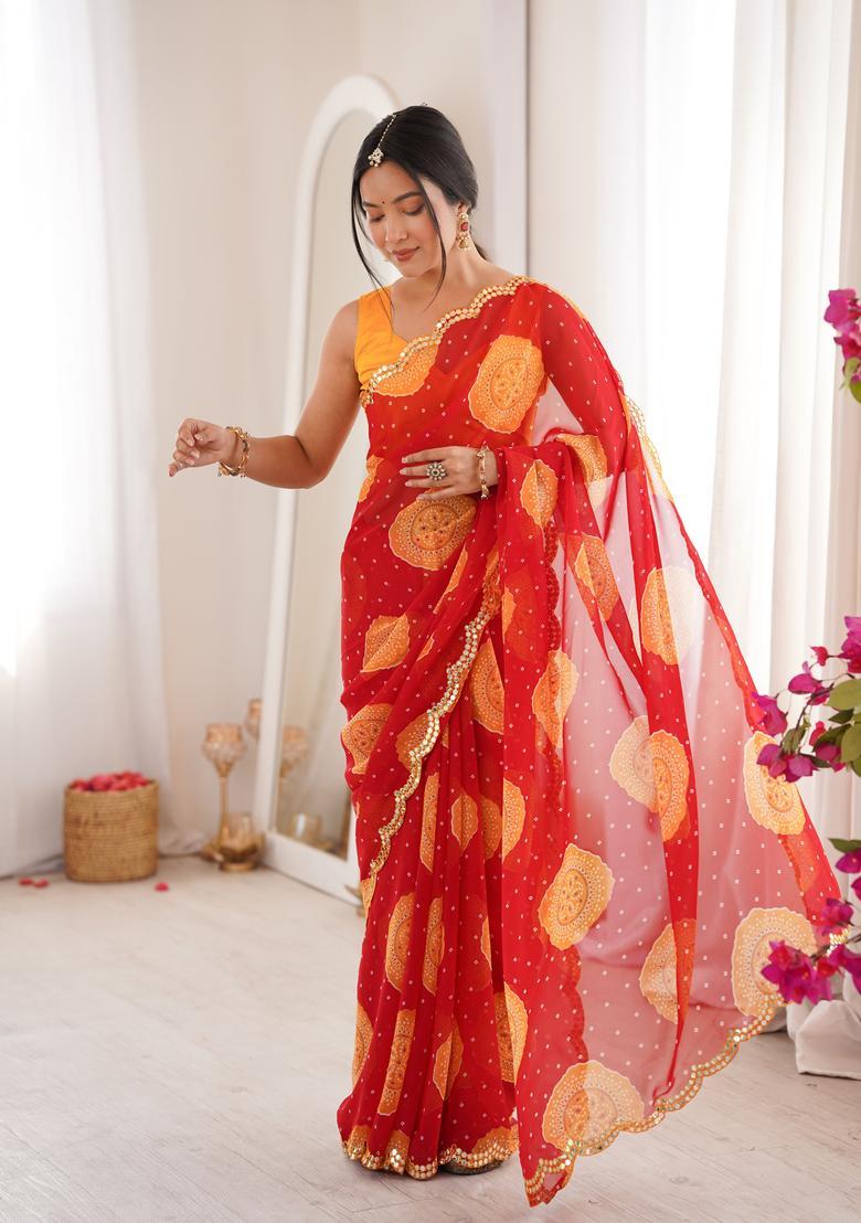 Red Bandhej Georgette Saree Set - Indya