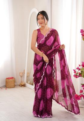 Wine Bandhej Georgette Saree Set
