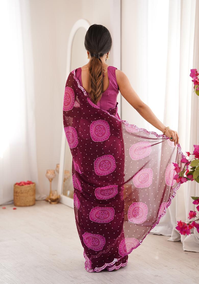 Wine Bandhej Georgette Saree Set - Indya