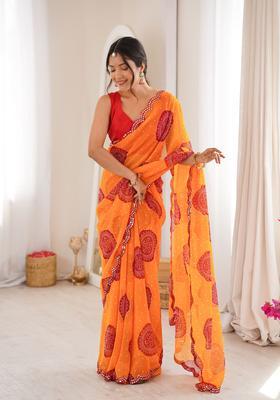 Orange Bandhej Georgette Saree Set