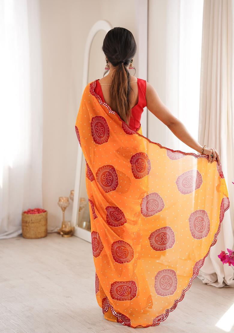 Orange Bandhej Georgette Saree Set - Indya