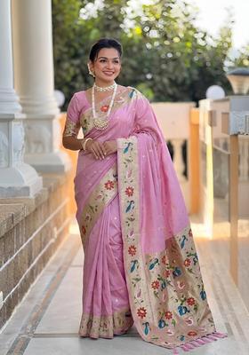 Pink Zari Work Silk Saree Set