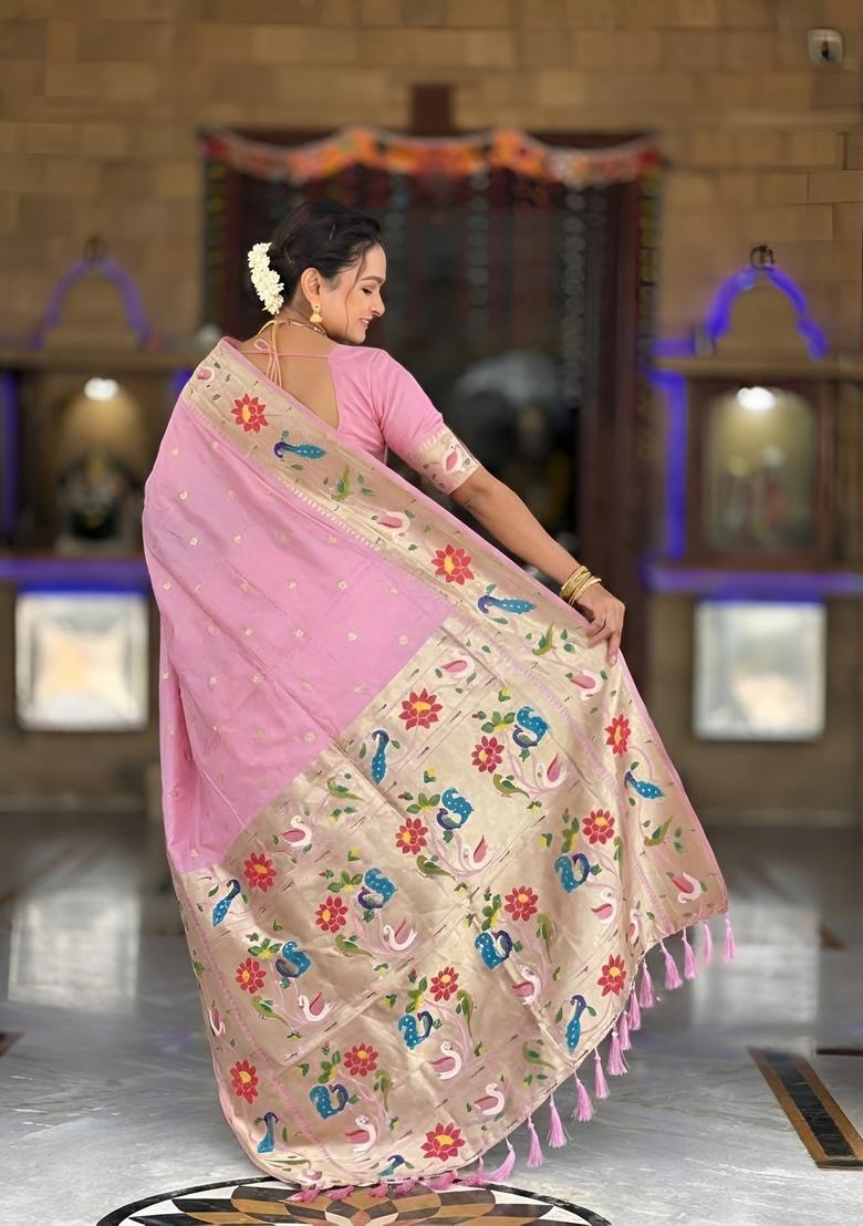 Pink Zari Work Silk Saree Set - Indya