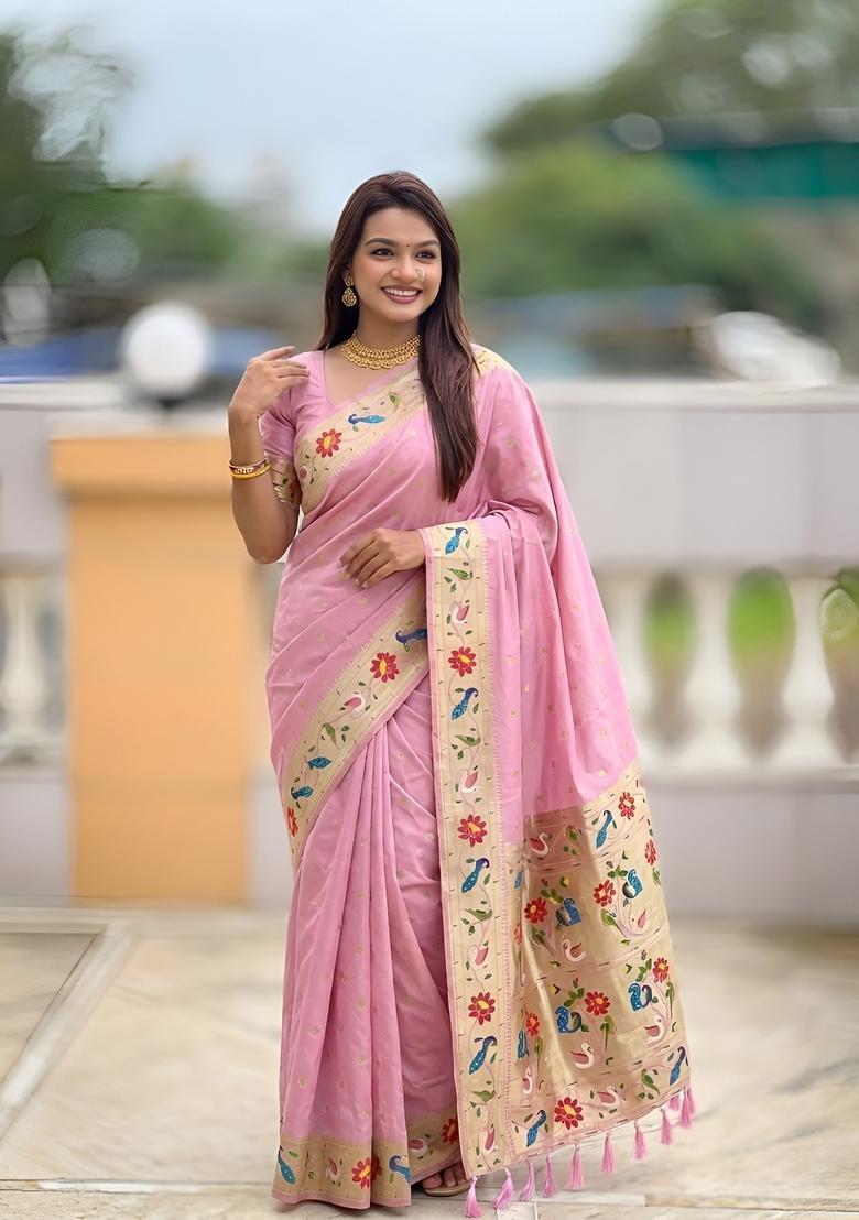 Pink Zari Work Silk Saree Set - Indya