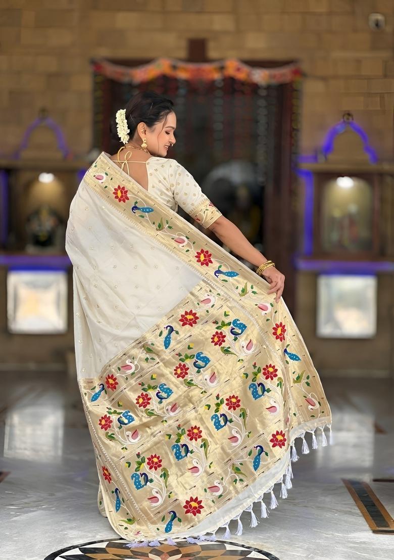 Cream Zari Work Silk Saree Set - Indya