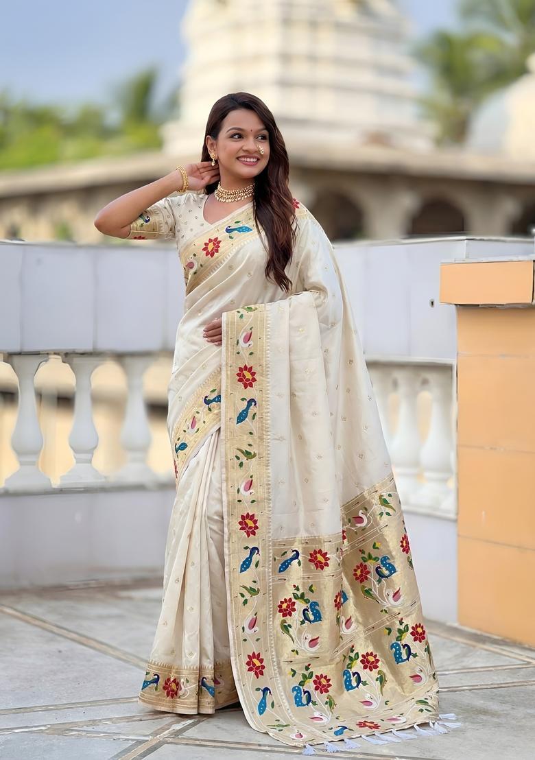 Cream Zari Work Silk Saree Set - Indya