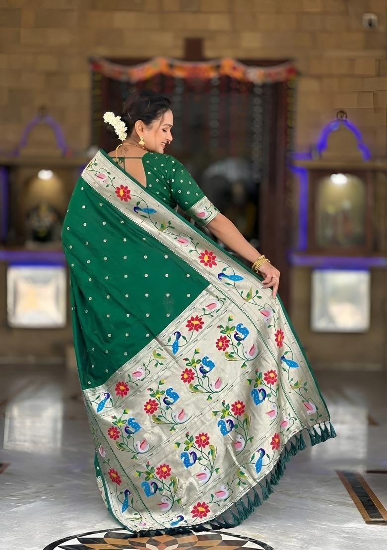 Green Zari Work Silk Saree Set - Indya