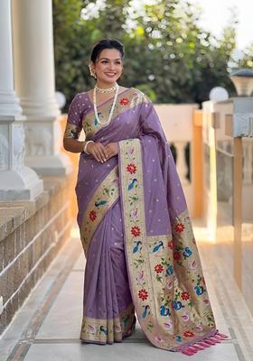 Lavender Zari Work Silk Saree Set