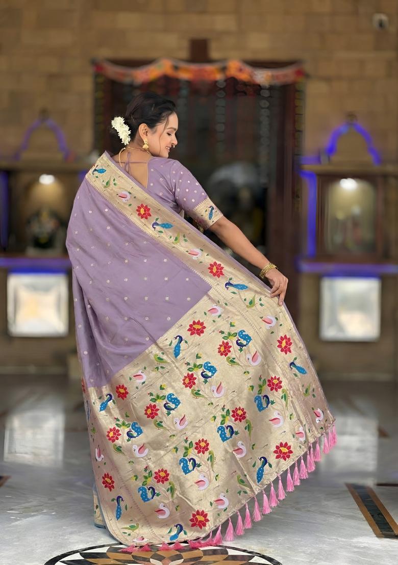 Lavender Zari Work Silk Saree Set - Indya