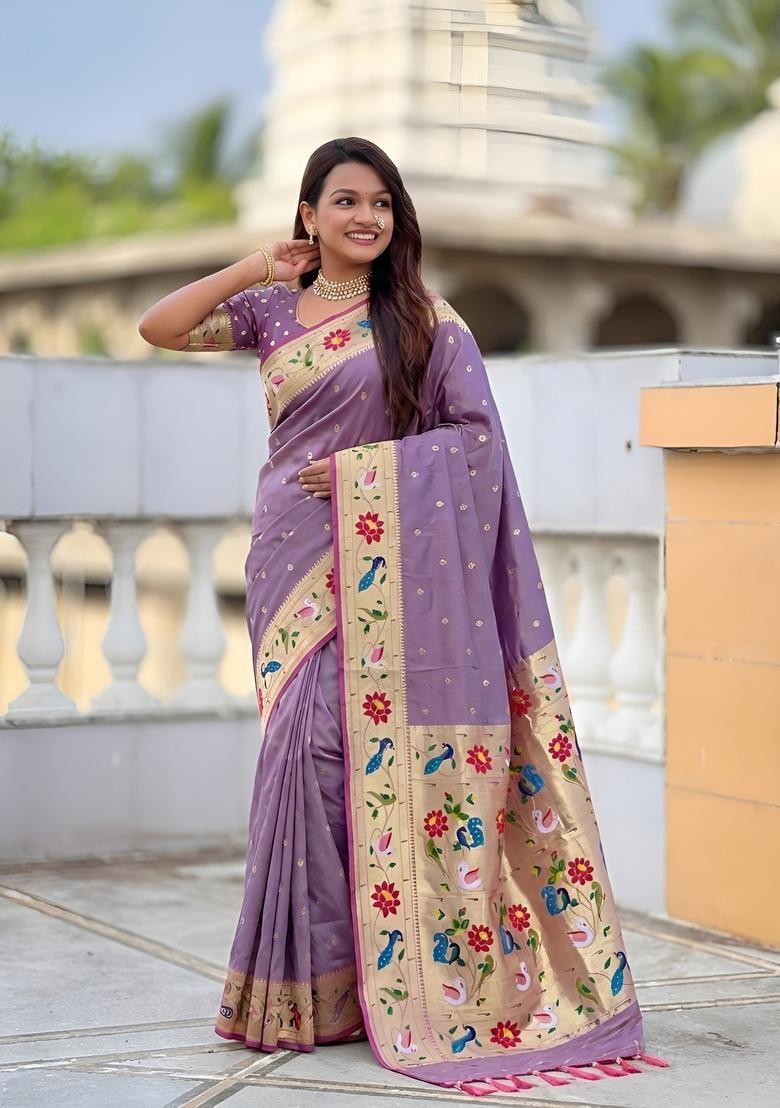Lavender Zari Work Silk Saree Set - Indya