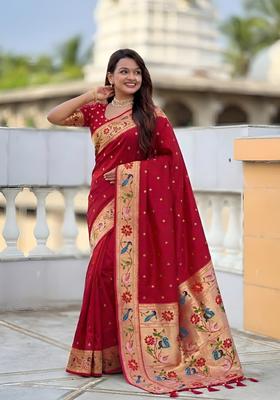 Red Zari Work Silk Saree Set