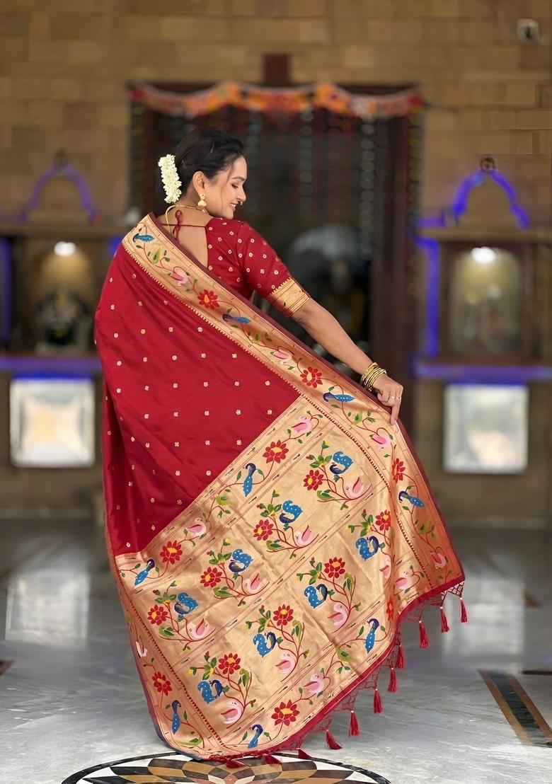 Red Zari Work Silk Saree Set - Indya
