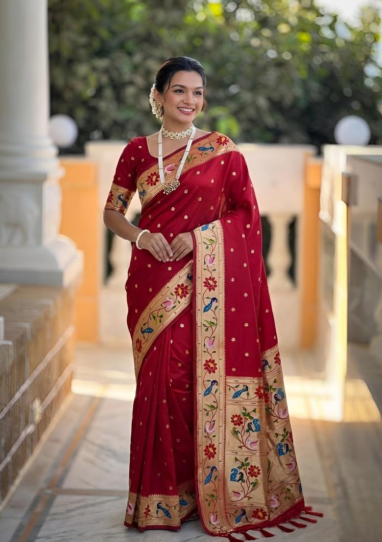 Red Zari Work Silk Saree Set - Indya