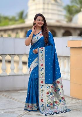Sky Blue Zari Work Silk Saree Set