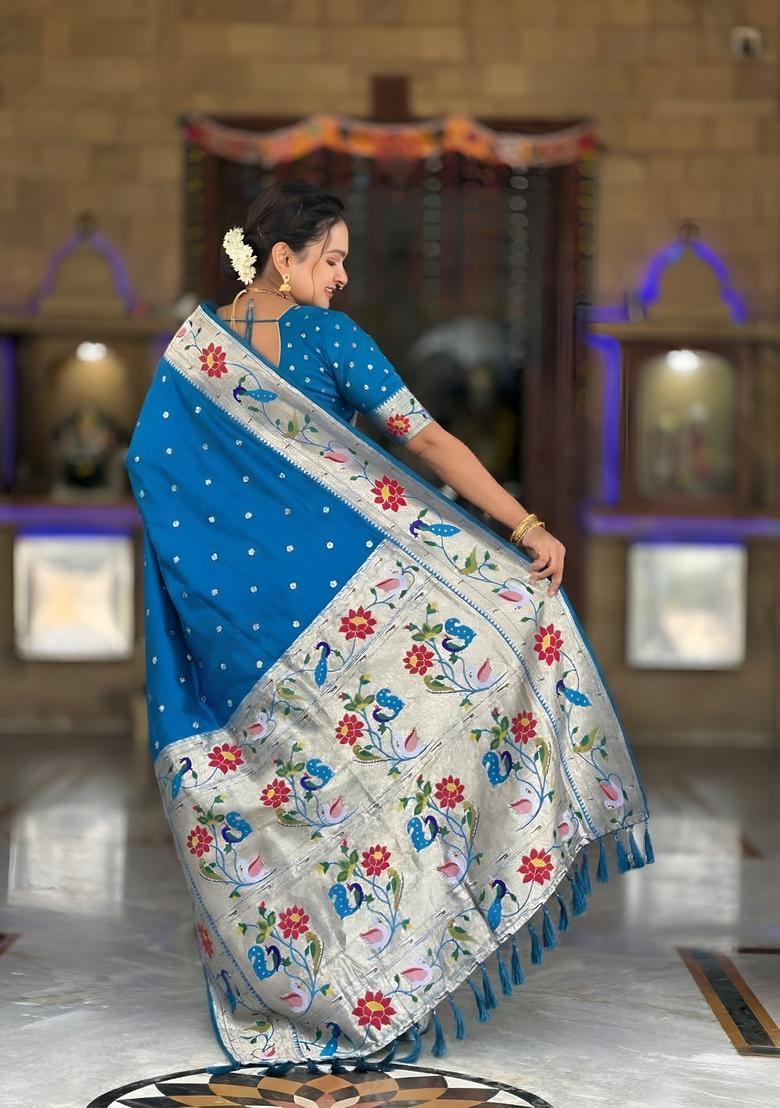 Sky Blue Zari Work Silk Saree Set - Indya