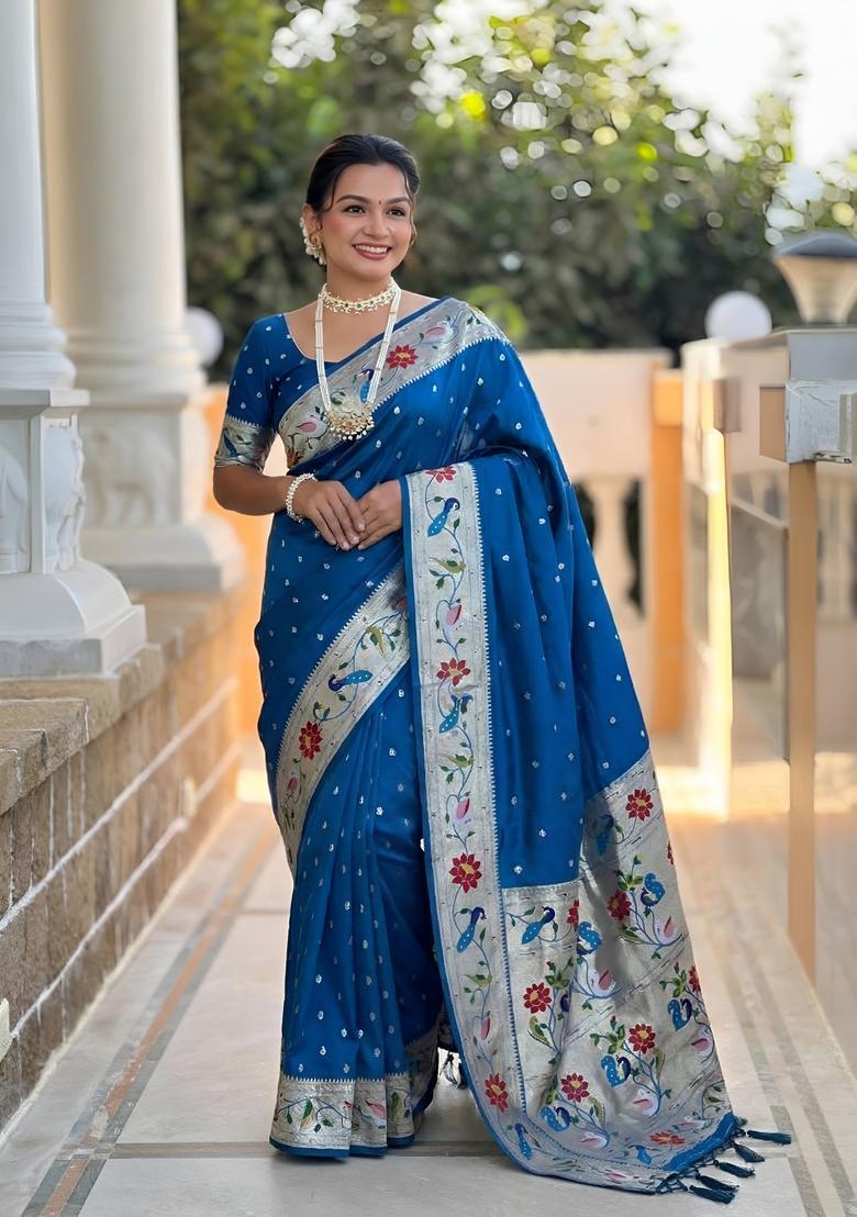 Sky Blue Zari Work Silk Saree Set - Indya