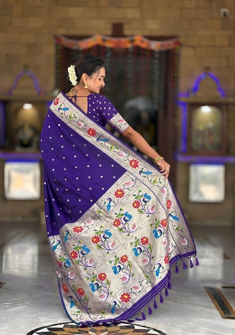 Violet Zari Work Silk Saree Set - Indya