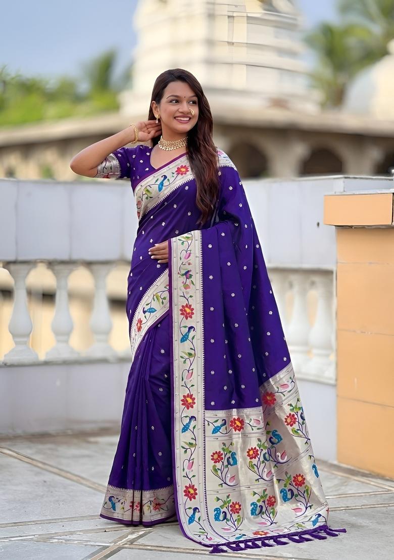 Violet Zari Work Silk Saree Set - Indya