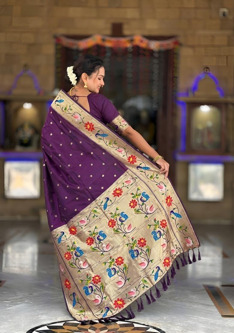 Wine Zari Work Silk Saree Set - Indya