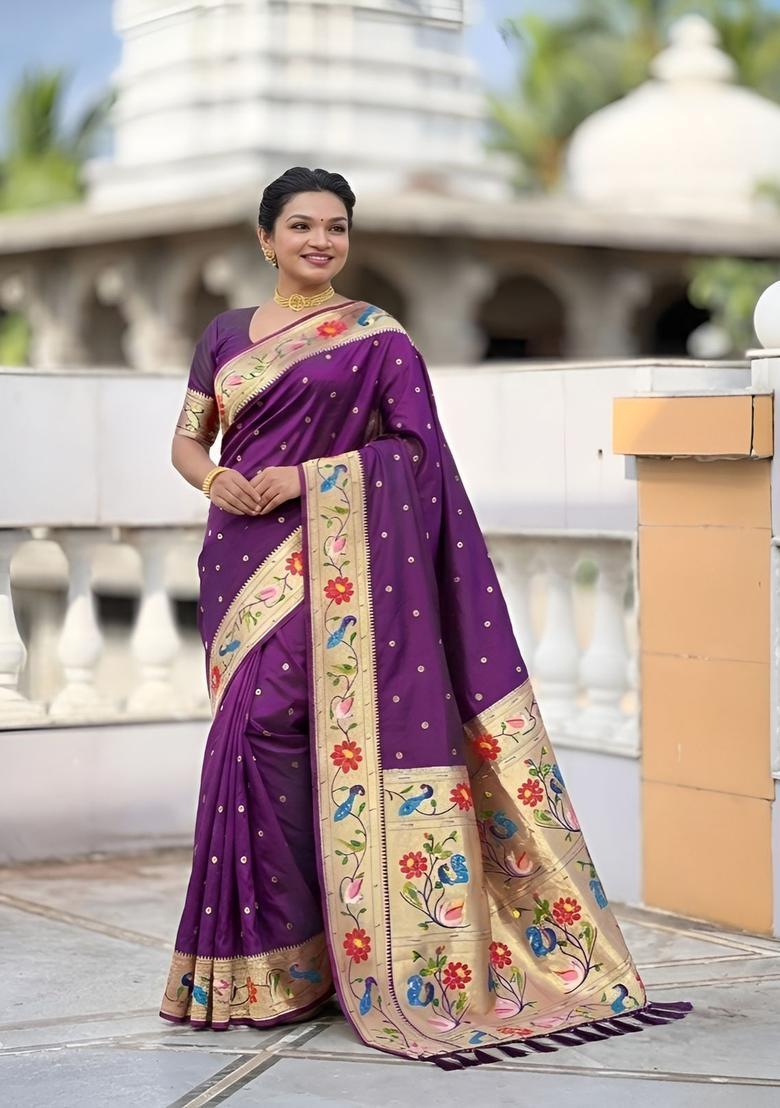 Wine Zari Work Silk Saree Set - Indya