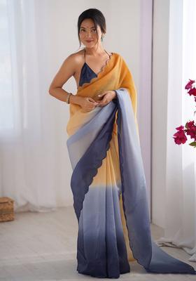 Orange Printed Silk Saree Set