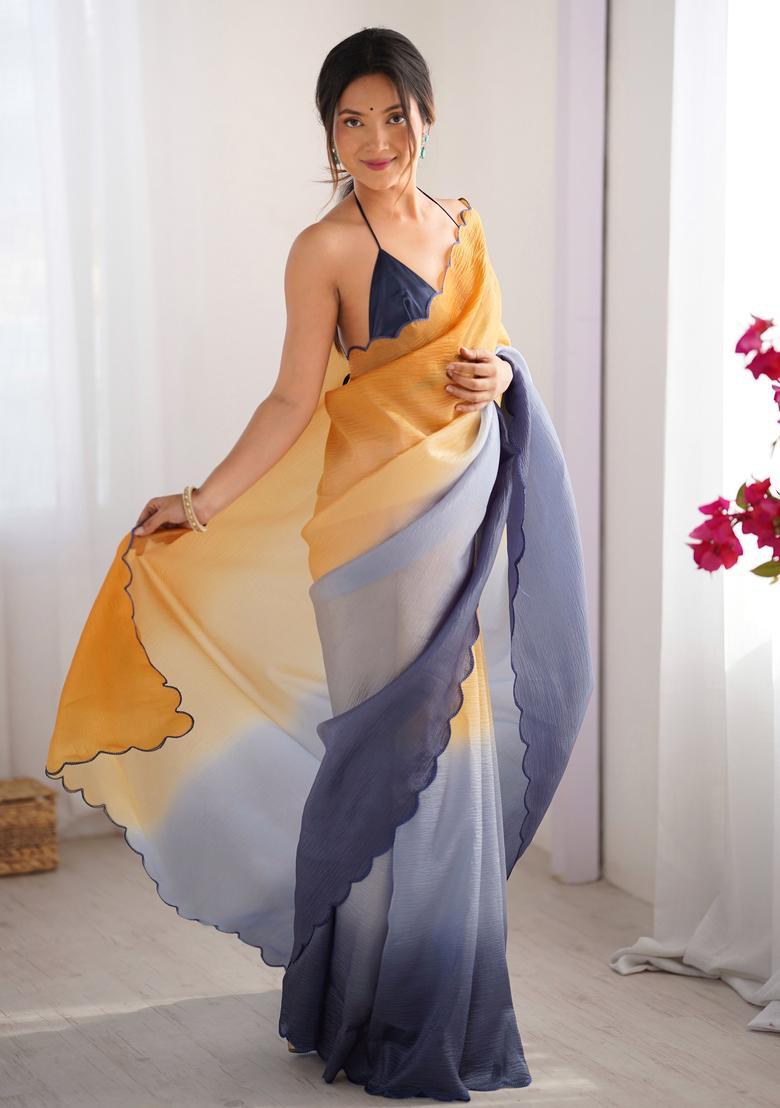 Orange Printed Silk Saree Set - Indya