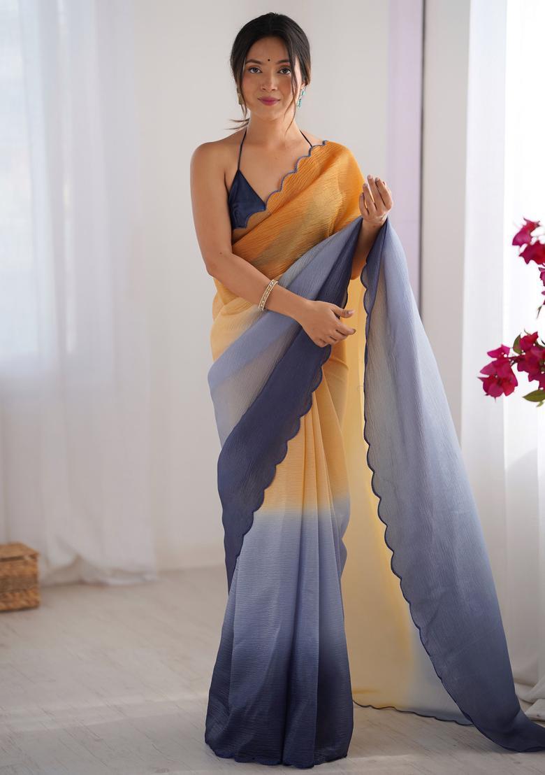 Orange Printed Silk Saree Set - Indya