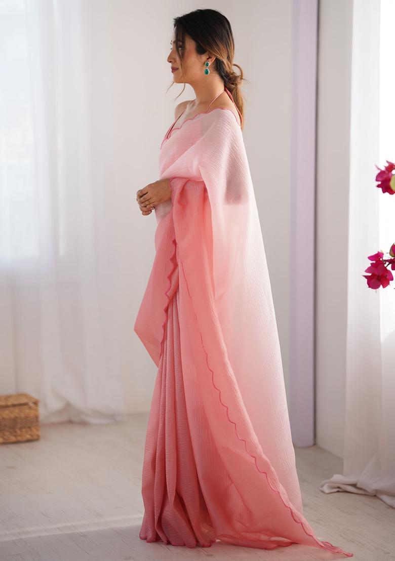 Pink Printed Silk Saree Set - Indya