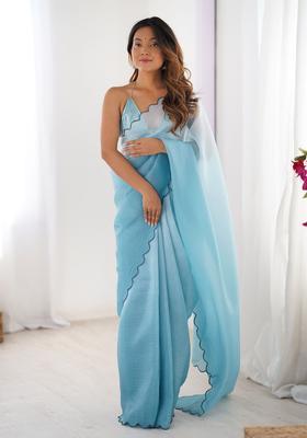 Sky Blue Printed Silk Saree Set