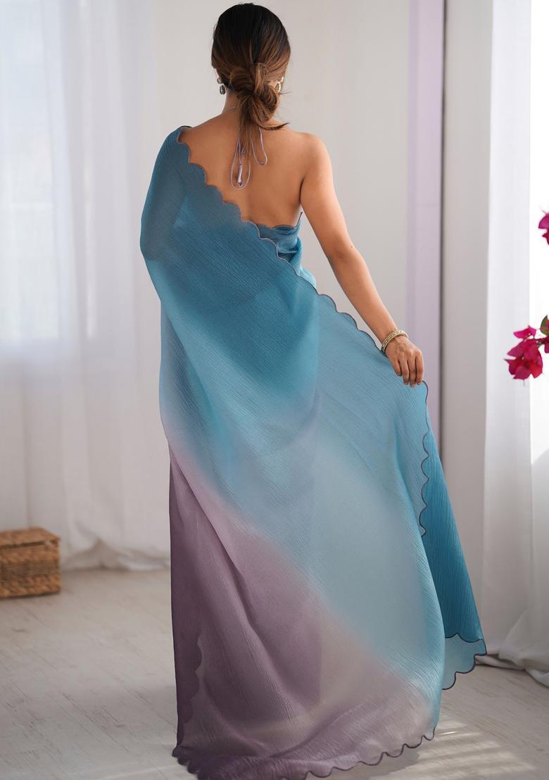 Sky Blue Printed Silk Saree Set - Indya