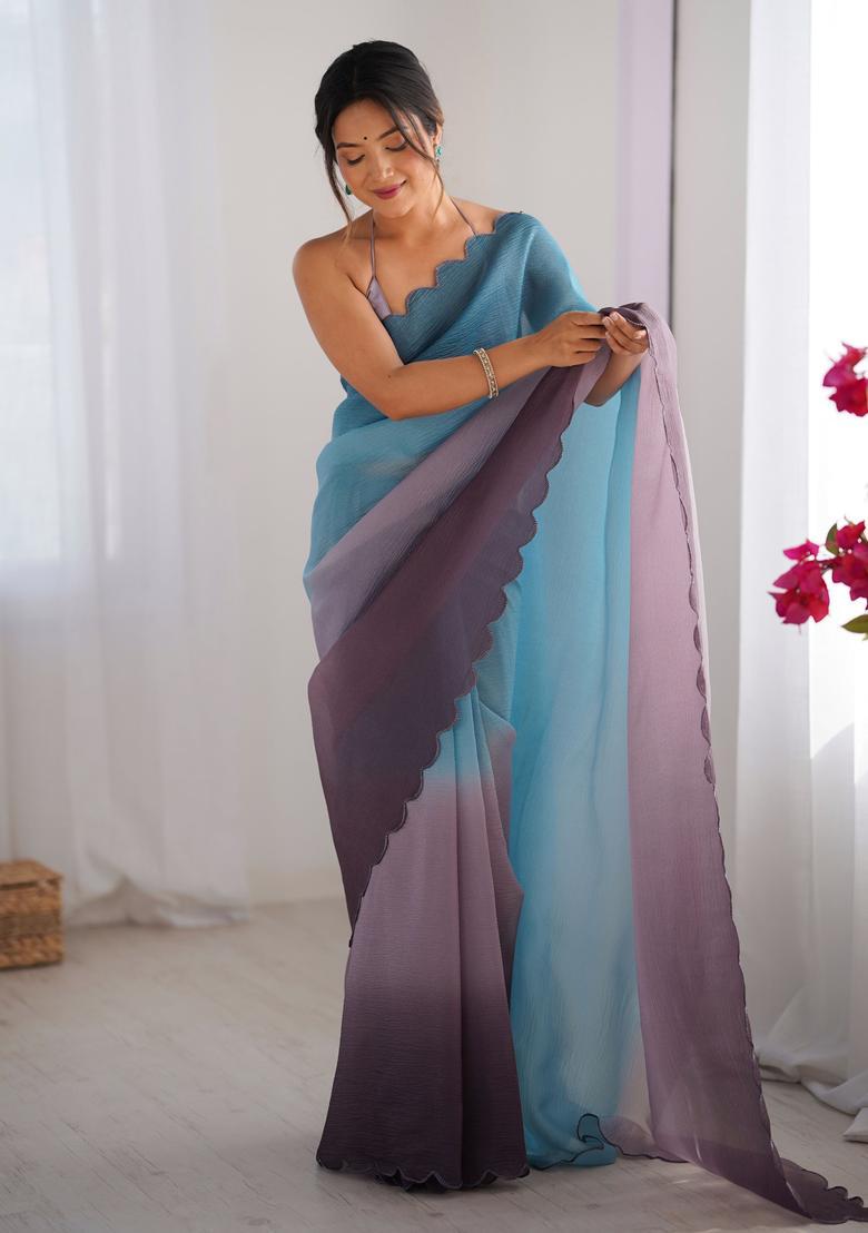 Sky Blue Printed Silk Saree Set - Indya